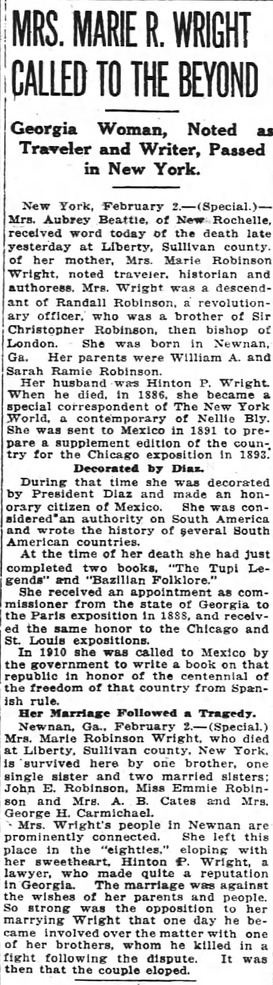 Marie Robinson Wright obit
3 Feb 1914 Atlanta Constitution