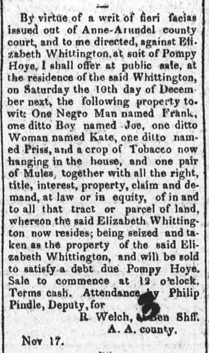 Sale of Elizabeth Whittington's property 1825