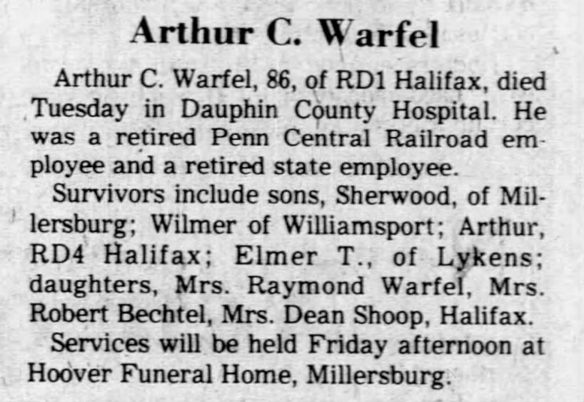 Obituary for Arthur C. Warfel