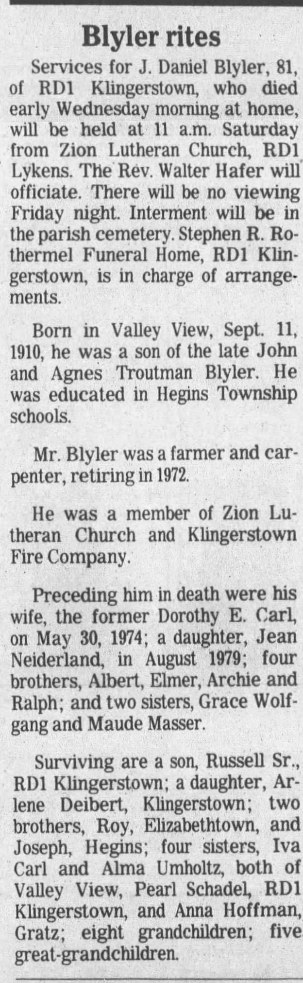 Obituary for J. Daniel Blyler