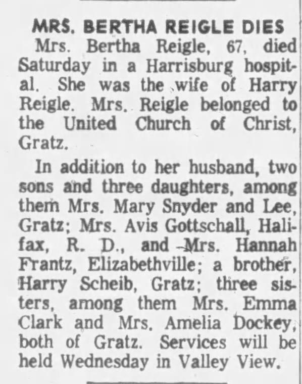 Obituary for BERTHA REIGLE