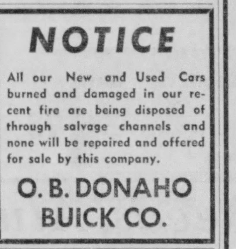 Donaho Buick after fire notice 11 August 1957