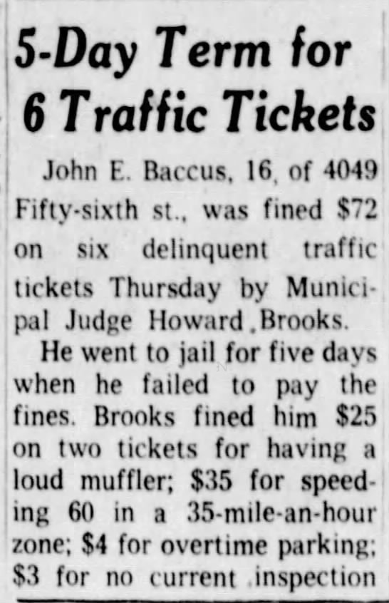 John D. Baccus 16, Traffic Tickets, Jail 1963