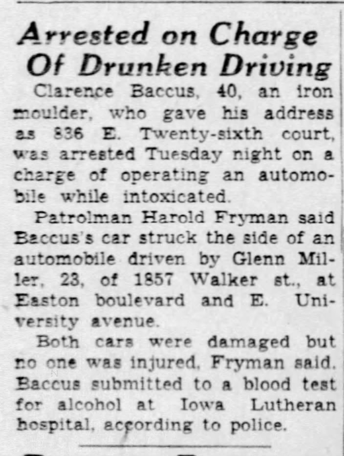 Clarence Baccus, Drunk Driving 1948