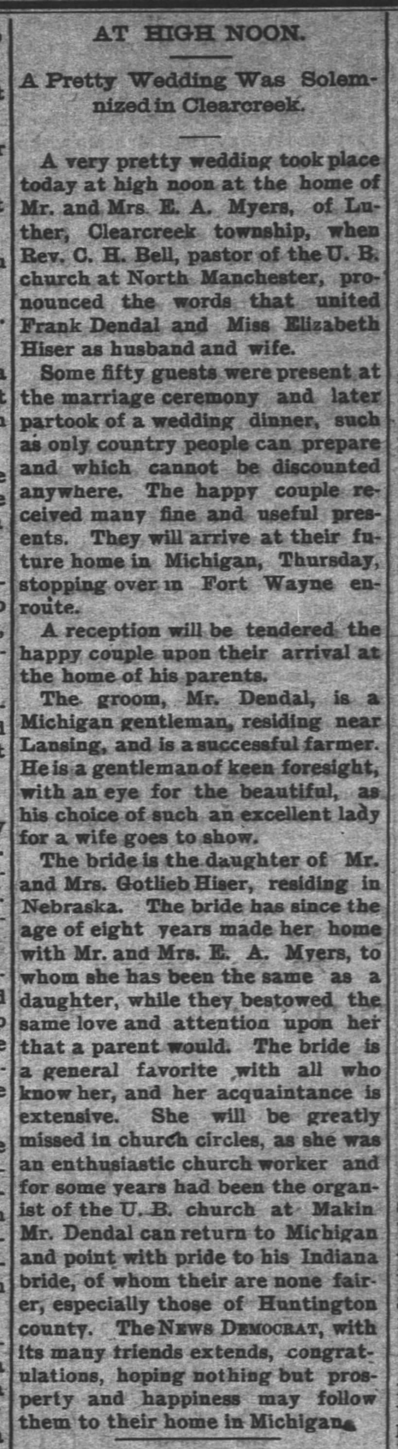 1899 September 14 - Marriage of Elizabeth Hiser and Frank Dendal