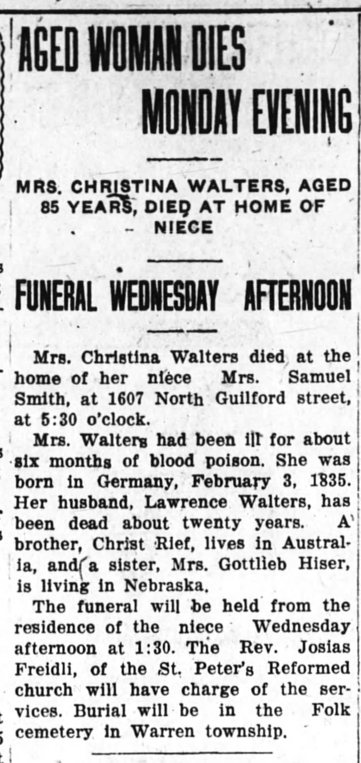 1920 May 11 - Obituary - Christina Walters - sister of Mrs. Gottlieb Hiser