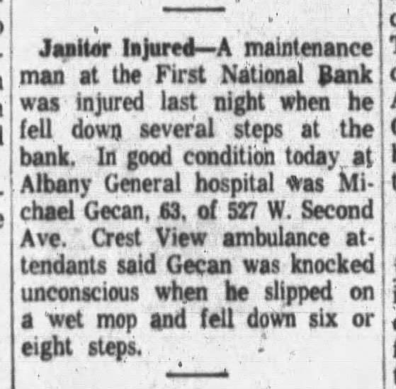 1960 11 16 - Albany Democrat-Herald - Michael Gecan injured at work