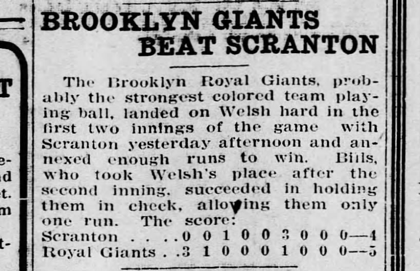 Brooklyn Royal Giants beat Scranton 1908 Negro exhibition 