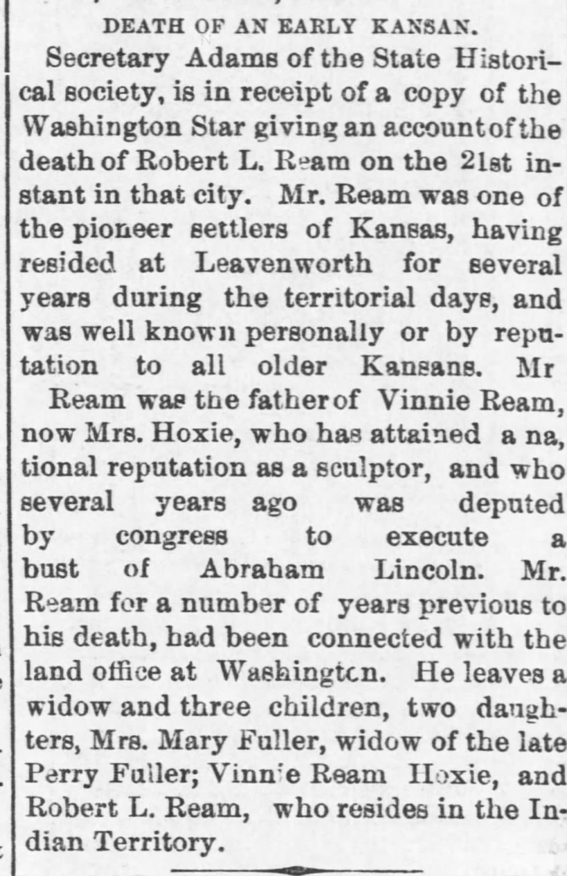 Robert Lee Ream - Obit - The Daily Commonwealth (Topeka, Kansas) p 4, Nov 28, 1885