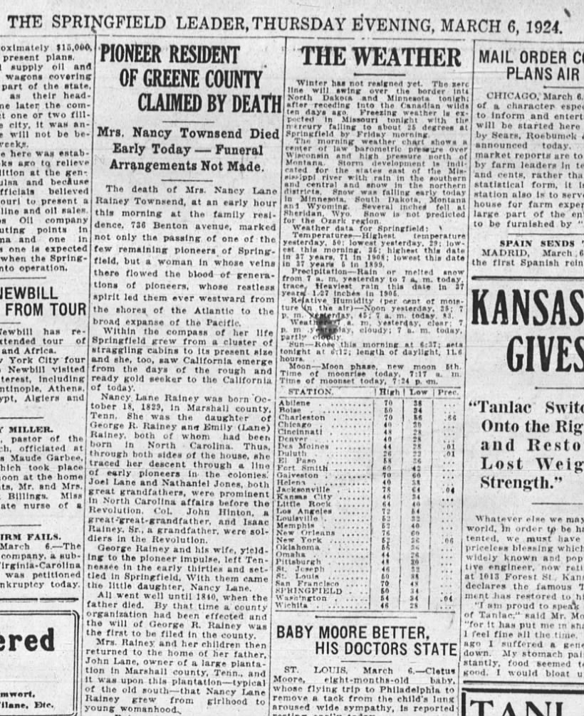 Nancy L. R. Townsend Obituary March 6, 1924
Springfield Leader