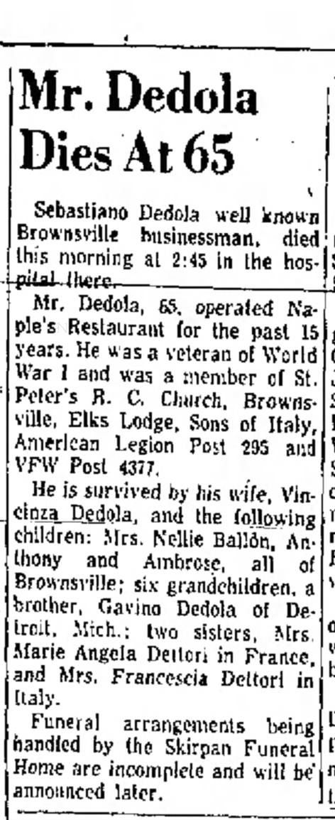 Death notice for Zio Sebastiano. Mentions the names of his two surviving sisters