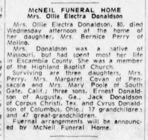 Obituaries. McNEIL FUNERAL HOME Mrs. Ollie Electra Donaldson
