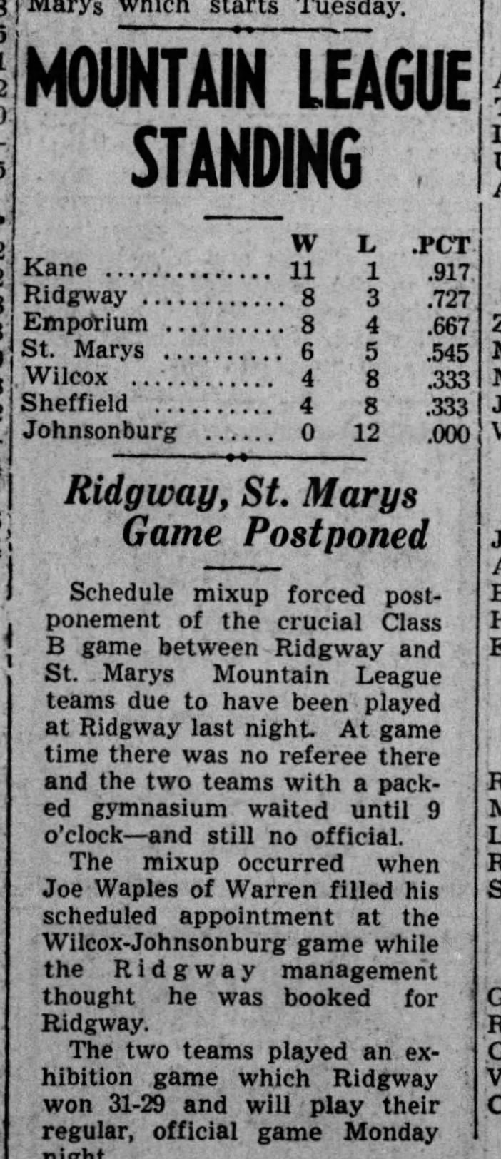 1947 almost Final AML Standings, except Ridgway & St. Marys