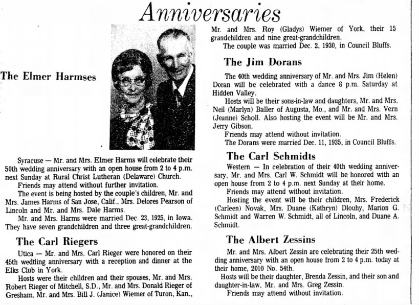 Carl Riegers 45th Wedding anniversary article