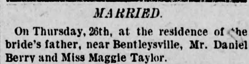Marriage of Maggie Taylor, from "The Daily Republican" (Monongahela, PA), 27 Jan 1882
