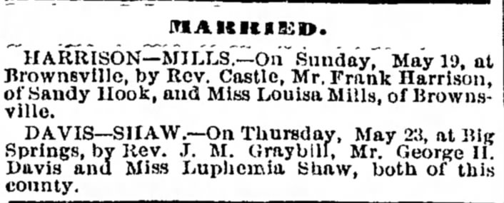 Marriage of George H Davis and Luphemia Shaw