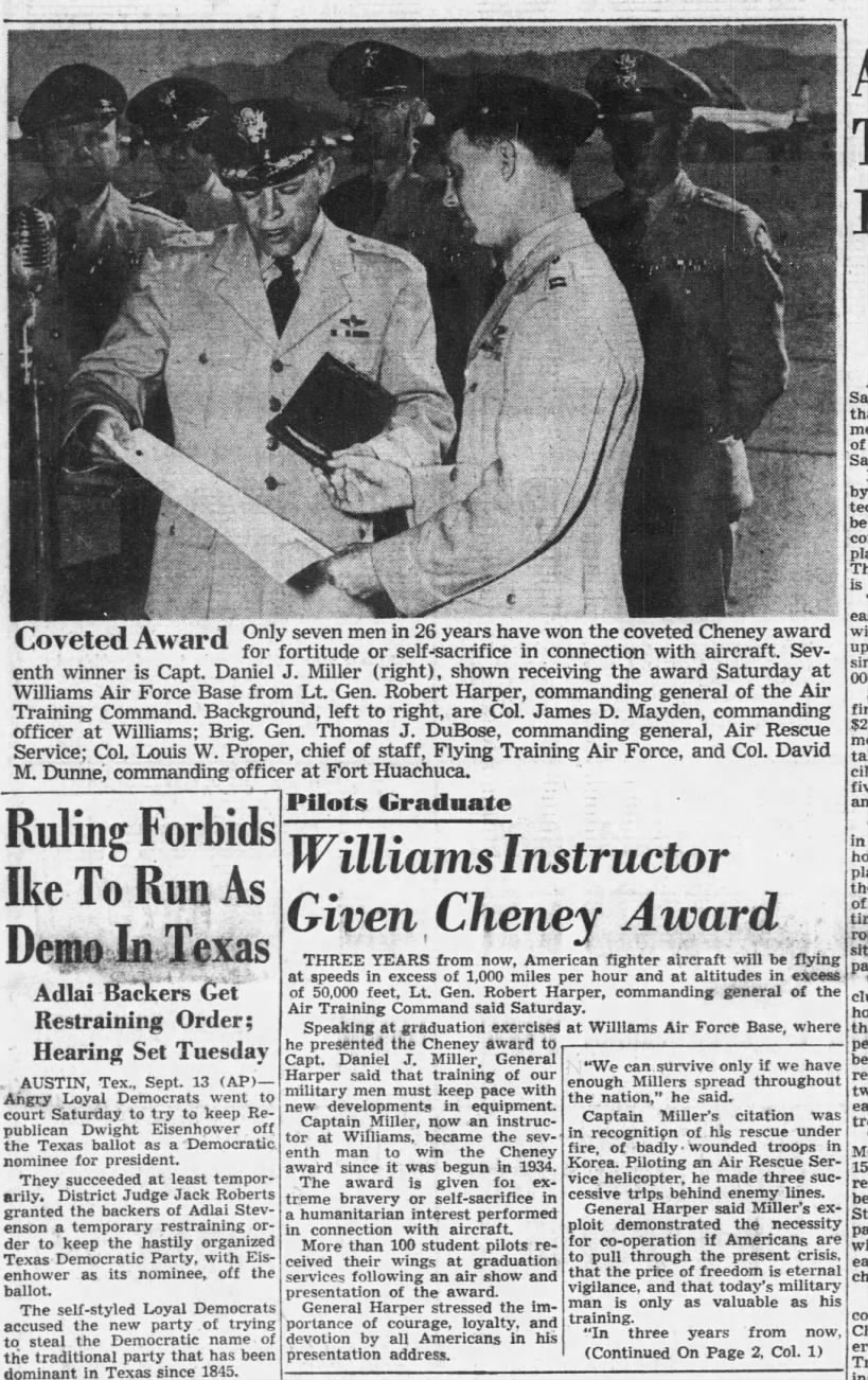 Williams Instructor Given Cheney Award, Arizona Republic (Phoenix, Arizona) 15 Sep 1952, page 1, 2