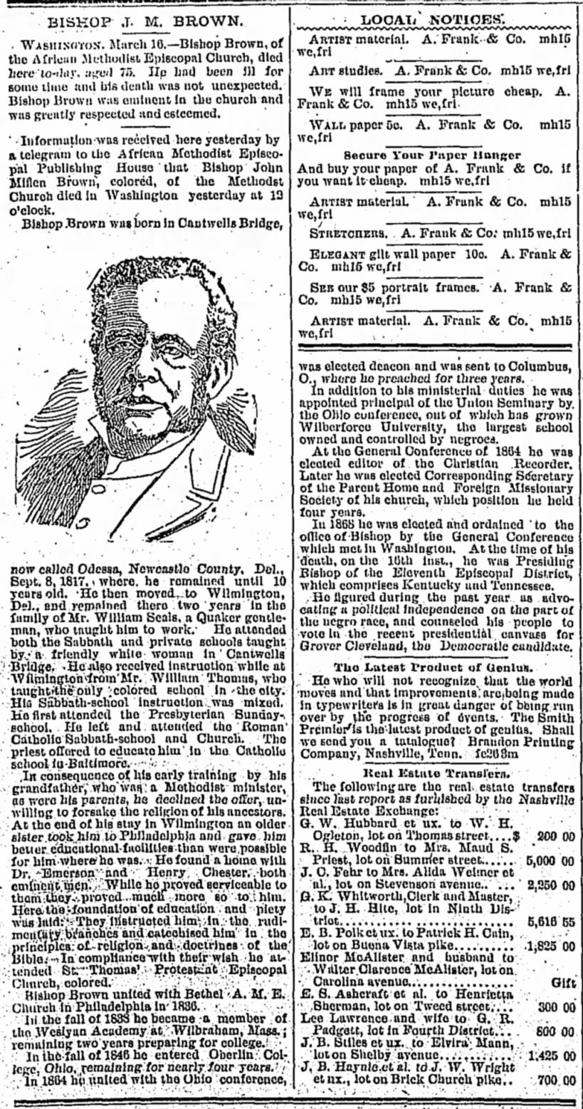 Bishop J. M. Brown, The Tennessean (Nashville, Tennessee) March 17, 1893, page 2