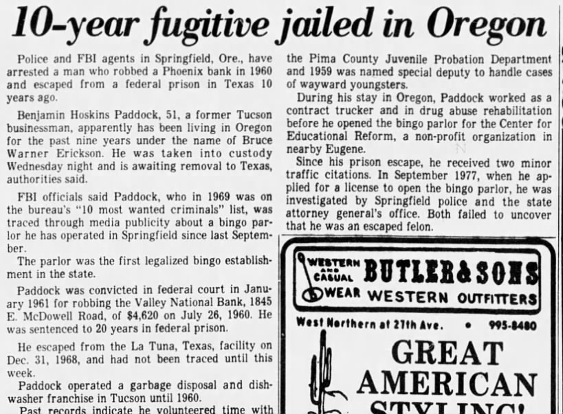 10-year Fugitive Jailed in Oregon, Arizona Republic (Phoenix, Arizona) September 9, 1978, page 3