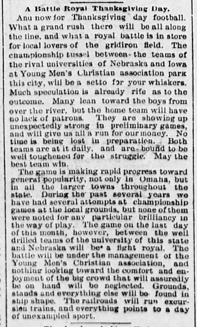 A Battle Royal Thanksgiving Day, Omaha Daily Bee (Omaha, Nebraska) November 12, 1893, page 10