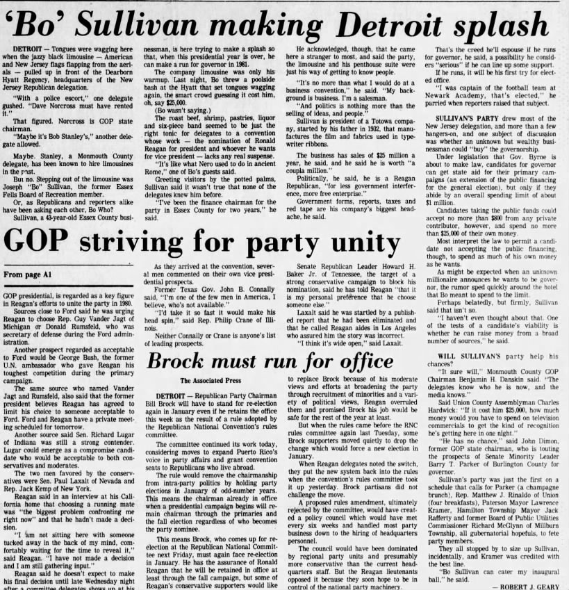Bo Sullivan Making Detroit Splash. Asbury Park Press (Asbury Park, New Jersey) 14 Jul 1980, page 25