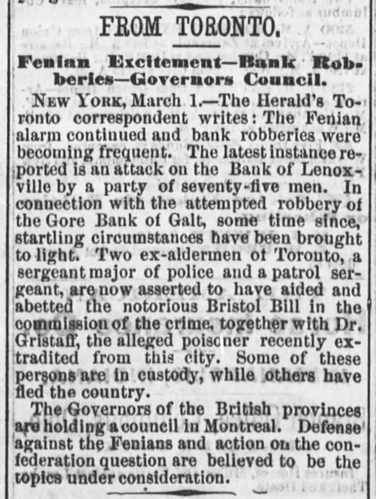 From Toronto, Daily Ohio Statesman (Columbus, Ohio) 2 Mar 1866, page 3