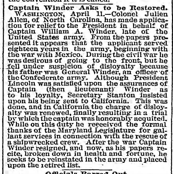 Captain Winder Asks to be Restored, The Baltimore Sun (Baltimore, Maryland) April 12, 1889, page 1