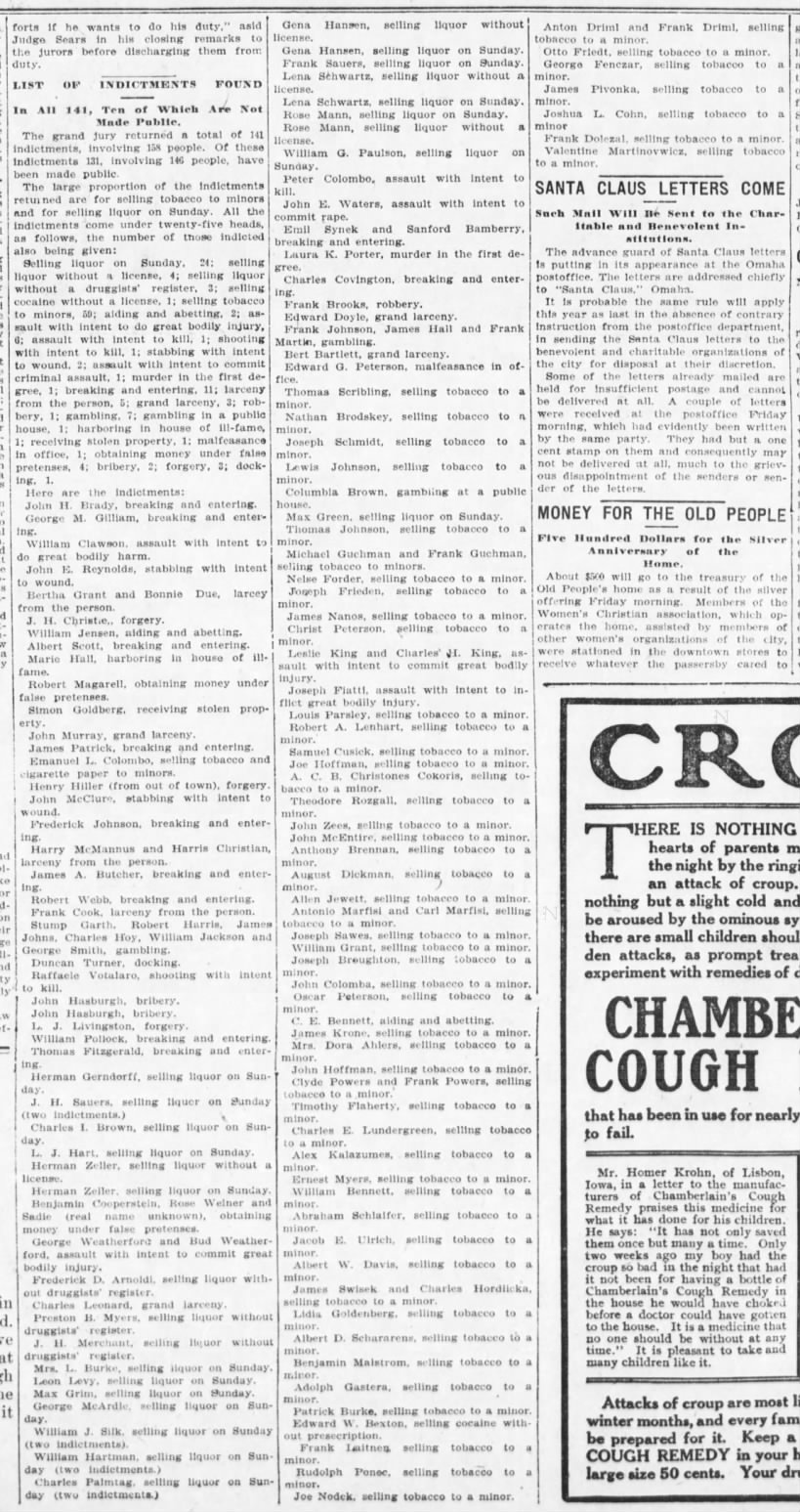 List of Indictments found, Omaha Daily Bee (Omaha, Nebraska) December 5, 1908, page 8