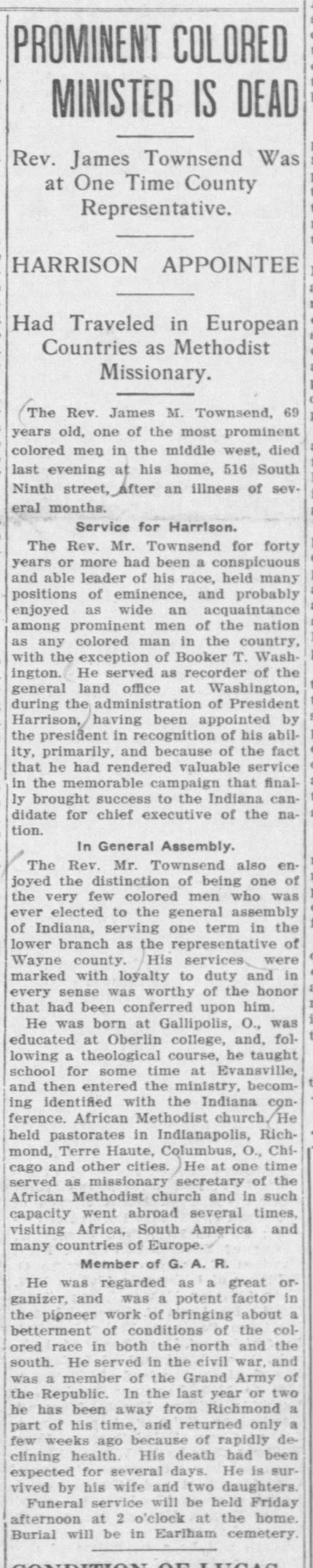 Prominent Colored Minister is Dead, Palladium-Item (Richmond, Indiana) June 18, 1913, page 1