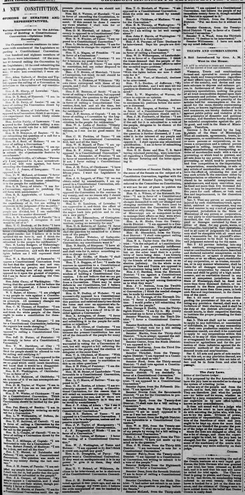 New Constitution, The Clarion Ledger, (Jackson, Mississippi) January 23, 1890, page 1