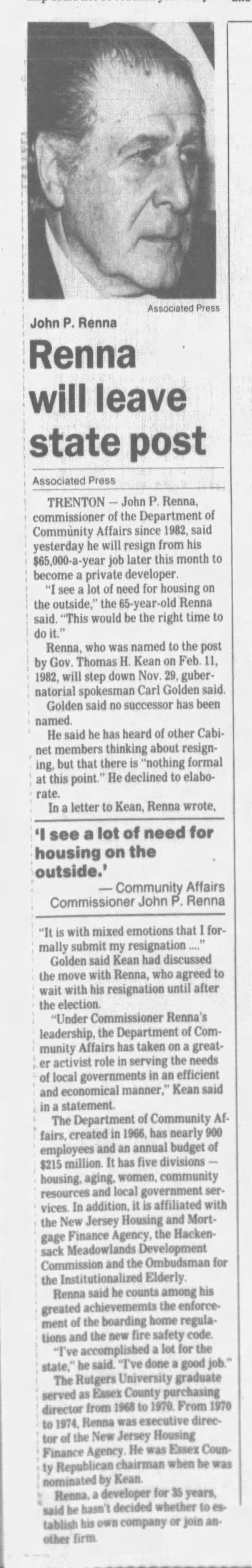 Renna Will Leave State Post. Daily Record (Morristown, New Jersey) 10, Nov 1985, page 3