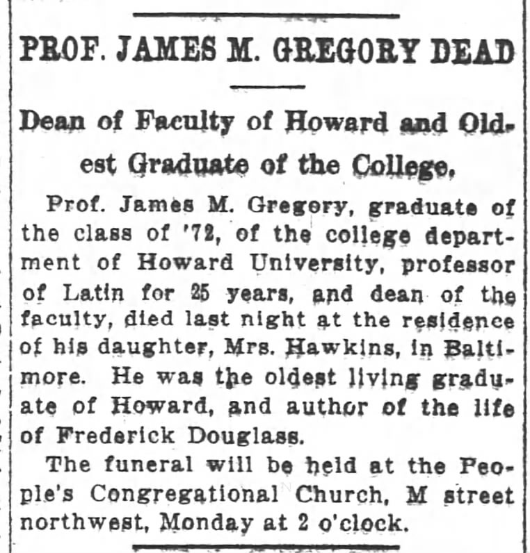Prof. James M. Gregory Dead, The Washington Post (Washington, DC) December 18, 1915, page 9