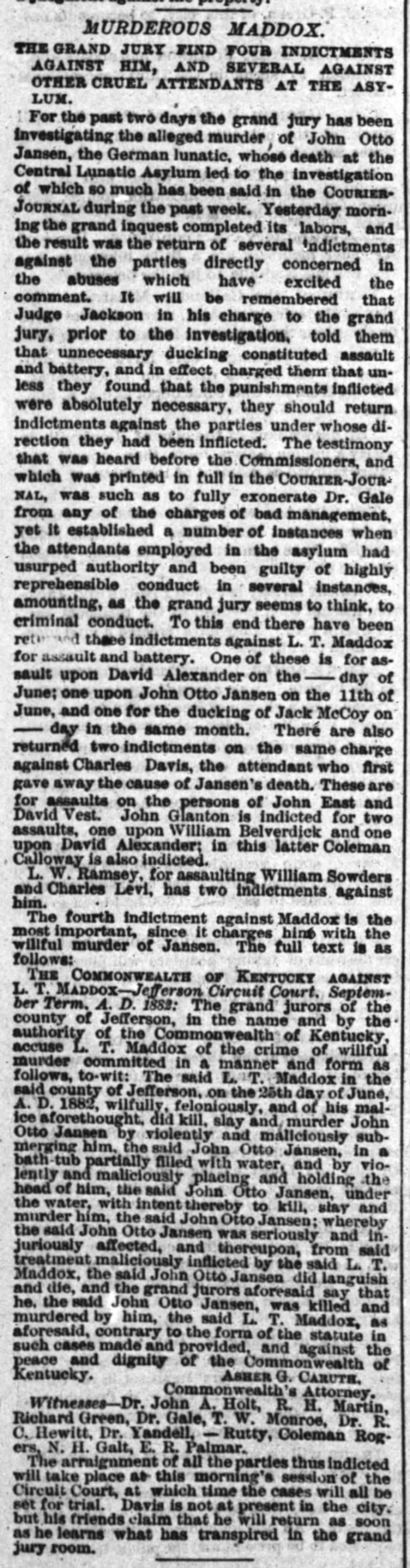 Murderous Maddox, The Courier-Journal (Louisville, Kentucky) September 28, 1882, page 5