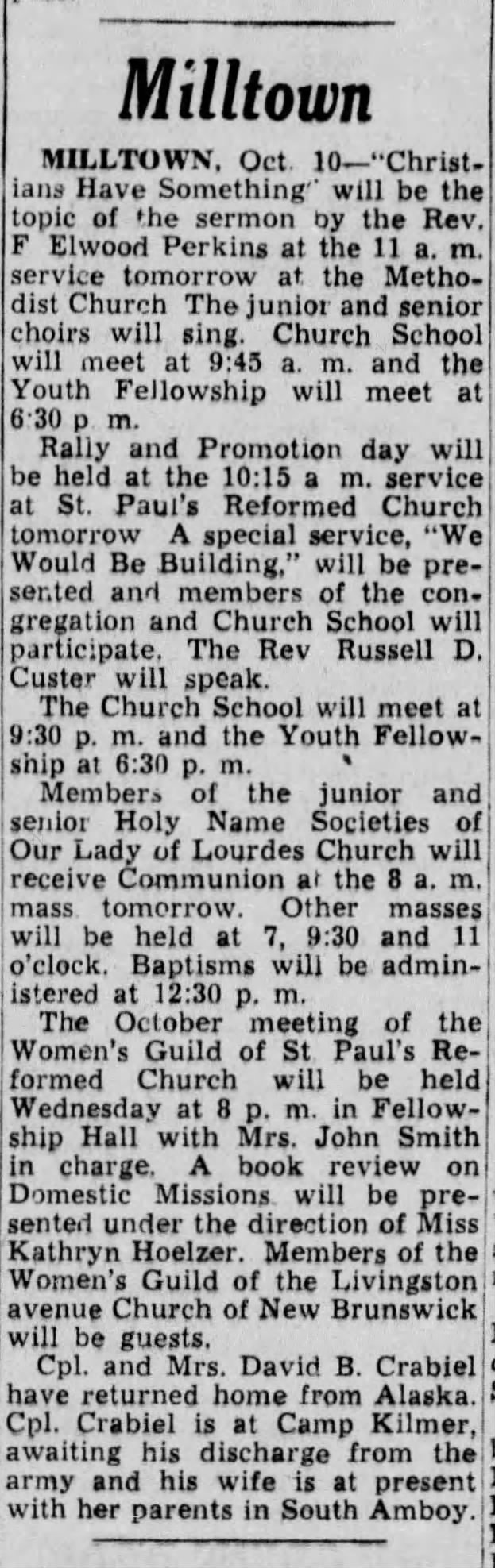 Milltown, The Central New Jersey Home News (New Brunswick, New Jersey) 10 Oct 1953, page 2