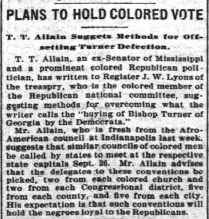Plans to Hold Colored Vote, The Inter Ocean (Chicago, Illinois), September 3, 1900, page 4