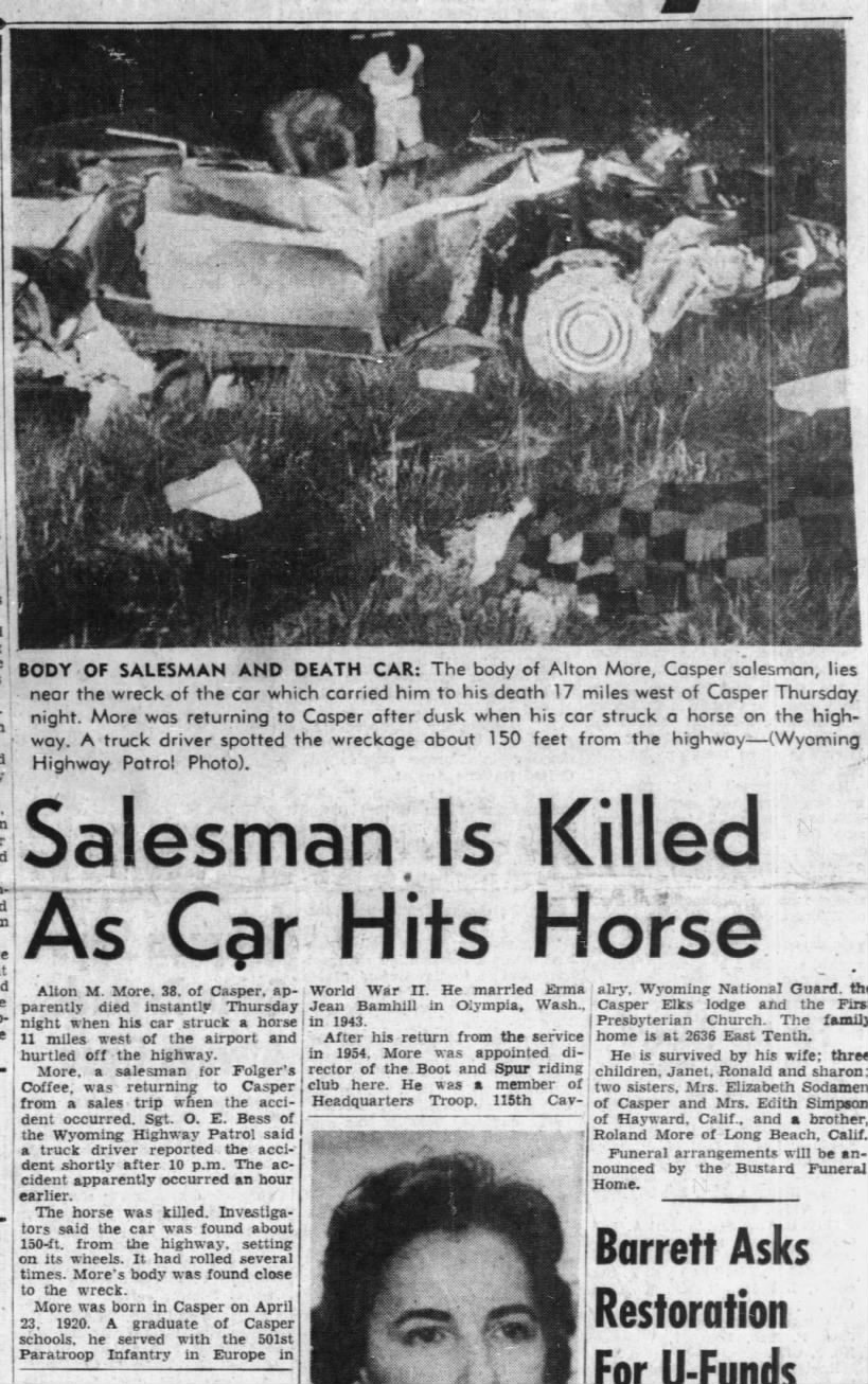 Salesman is Killed as Car Hits Horse, Casper Star-Tribune (Casper, Wyoming) August 1, 1958, page 1