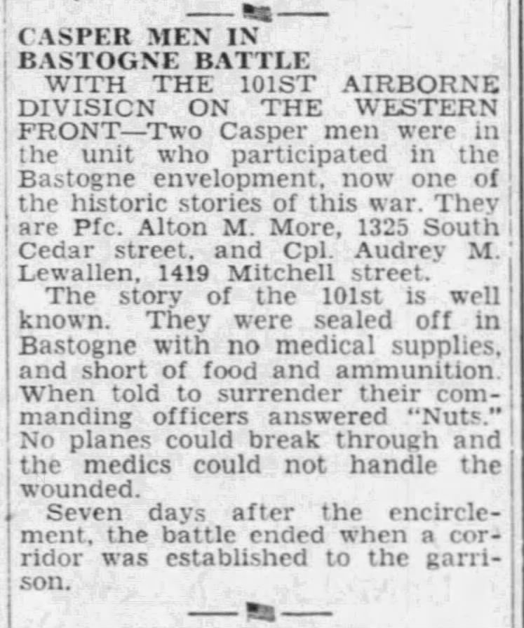 Casper Men in Bastogne Battle, Casper Star-Tribune (Casper, WY) March 22, 1945, page 10