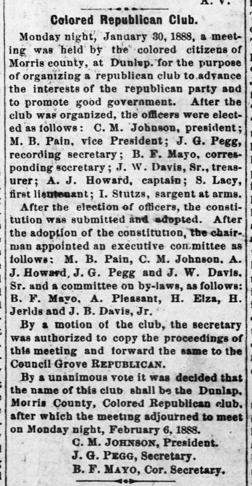 Colored Republican Club, The Council Grove Republican (Council Grove, Kansas) 3 Feb 1888, page 1