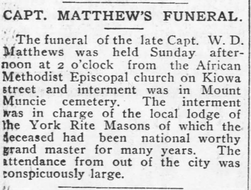 Capt. Matthews Funeral, The Leavenworth Times (Leavenworth, Kansas)< March 6, 2906, page 6