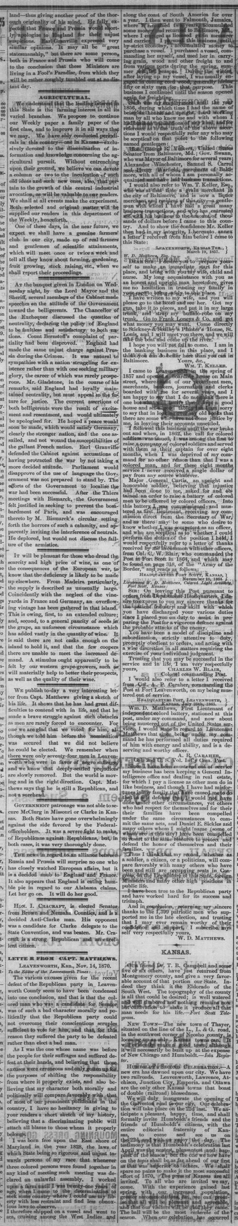 Letter, The Leavenworth Times (Leavenworth, Kansas) November 15, 1870, page 2