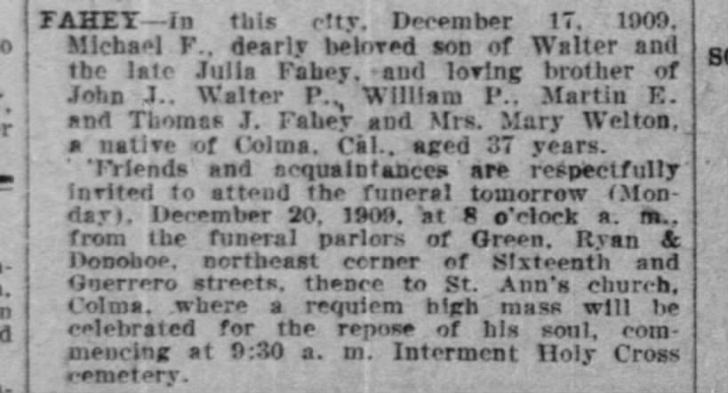 M F Fahey Memorial Details 19 Dec 1909
