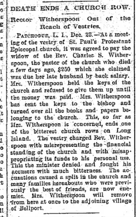 The Daily Times (Brunswick, NJ) December 23, 1893. Rev. Charles S. Witherspoon. Controversy.