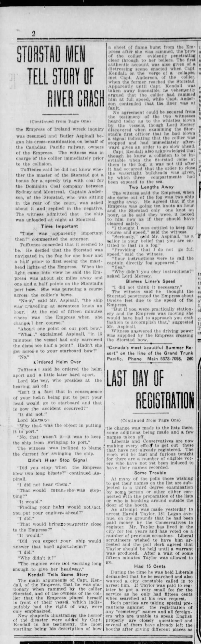 Storstad men tell story of river crash Winnipeg Tribune Wed June 17, 1914