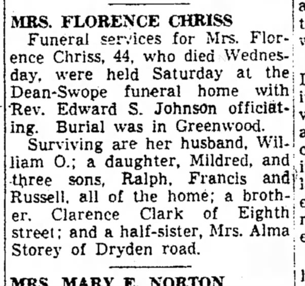 Florence Chriss Obituary
May 5, 1946
Times Recorder