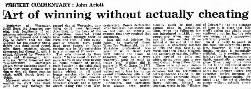 Arlott's commentary on Somerset one-day declaration victory over Worcestershire