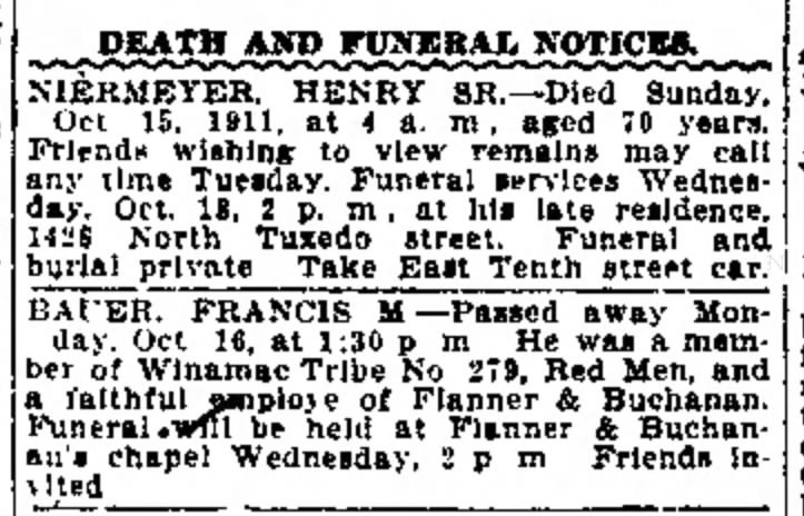 Death and Funeral Notice for Francis Marion Bauer - 17 October 1911 - Indianapolis Star