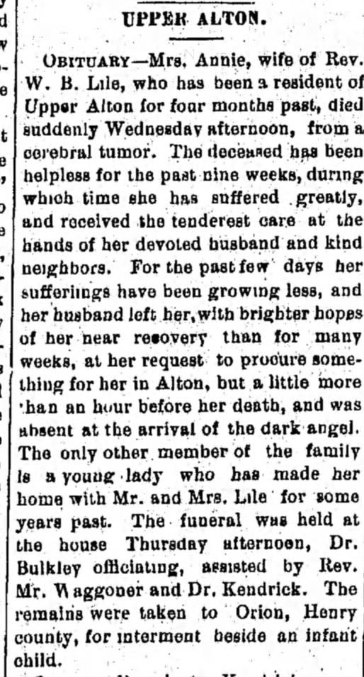 Annie Lile-Obit.
Alton Telegraph 14 Jan 1886