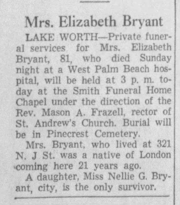 Elizabeth Bryant Obit @ age 81: July 21 1942 date of paper for The Palm Beach Post FL