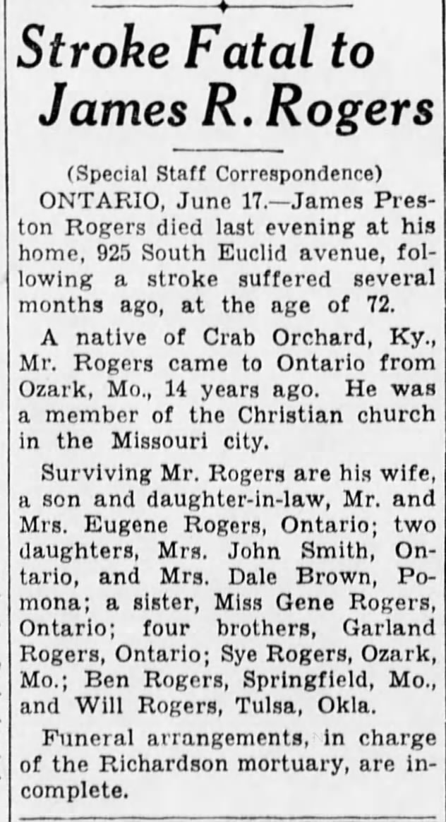 James Preston Rogers,Obituary pg 14, 18, Jun 1941 The San Bernardino County Sun