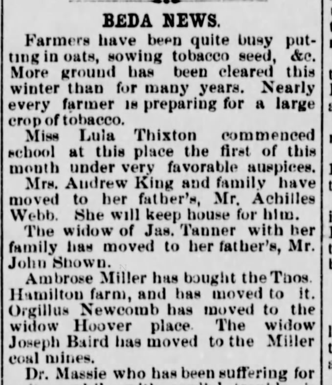 Jas Tanner Mizella widow Ohio Co News 3.21.1888